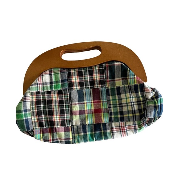 EXPRESSIONS NYC Small Madras Handbag Plaid Wood Handle Magnetic in EUC - Picture 1 of 8